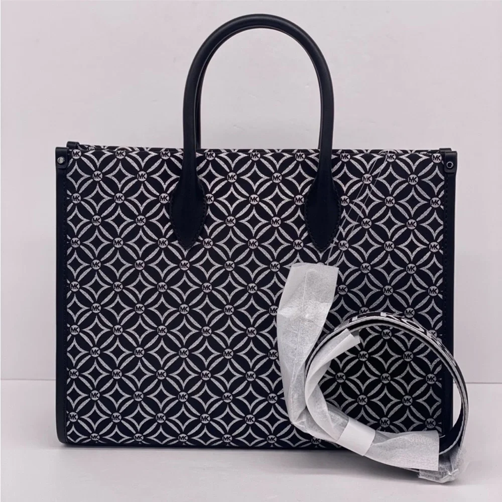 Michael Kors Mirella Medium Metallic Logo Jacquard Tote Bag Black
